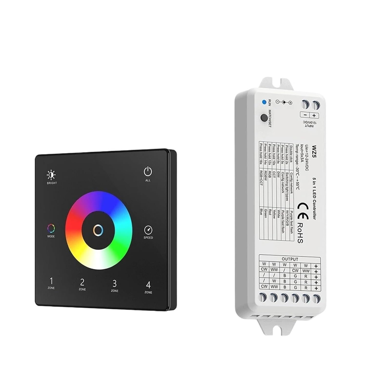 LED Dimmer 5 in 1 LED Controller 4 Zone Touch Panel LED Light Strip Dimmer Kit DC 12V 24V for Indoor Lighting(WZ5 Only)