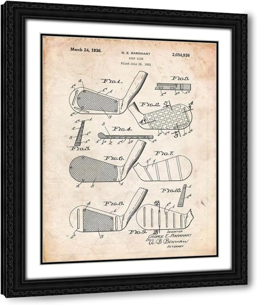 ArtDirect PP4-Vintage Parchment Golf Club Faces Patent Poster Custom Framed Art Print Giclee Print or Canvas Options with Various Sizes and Customization by Borders, Cole