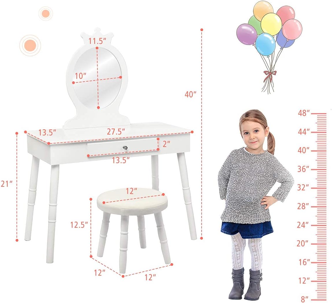 INFANS Kids Vanity Dressing Table & Stool Set, Wooden Pretend Play Dressing Table with Real Mirror, Drawer, Crown Shape Princess Makeup Dressing for Little Girls