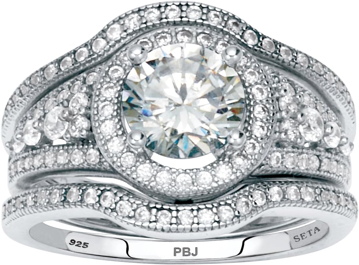PalmBeach Platinum-plated Sterling Silver Round Cubic Zirconia Bridal Ring Set Sizes 6-10
