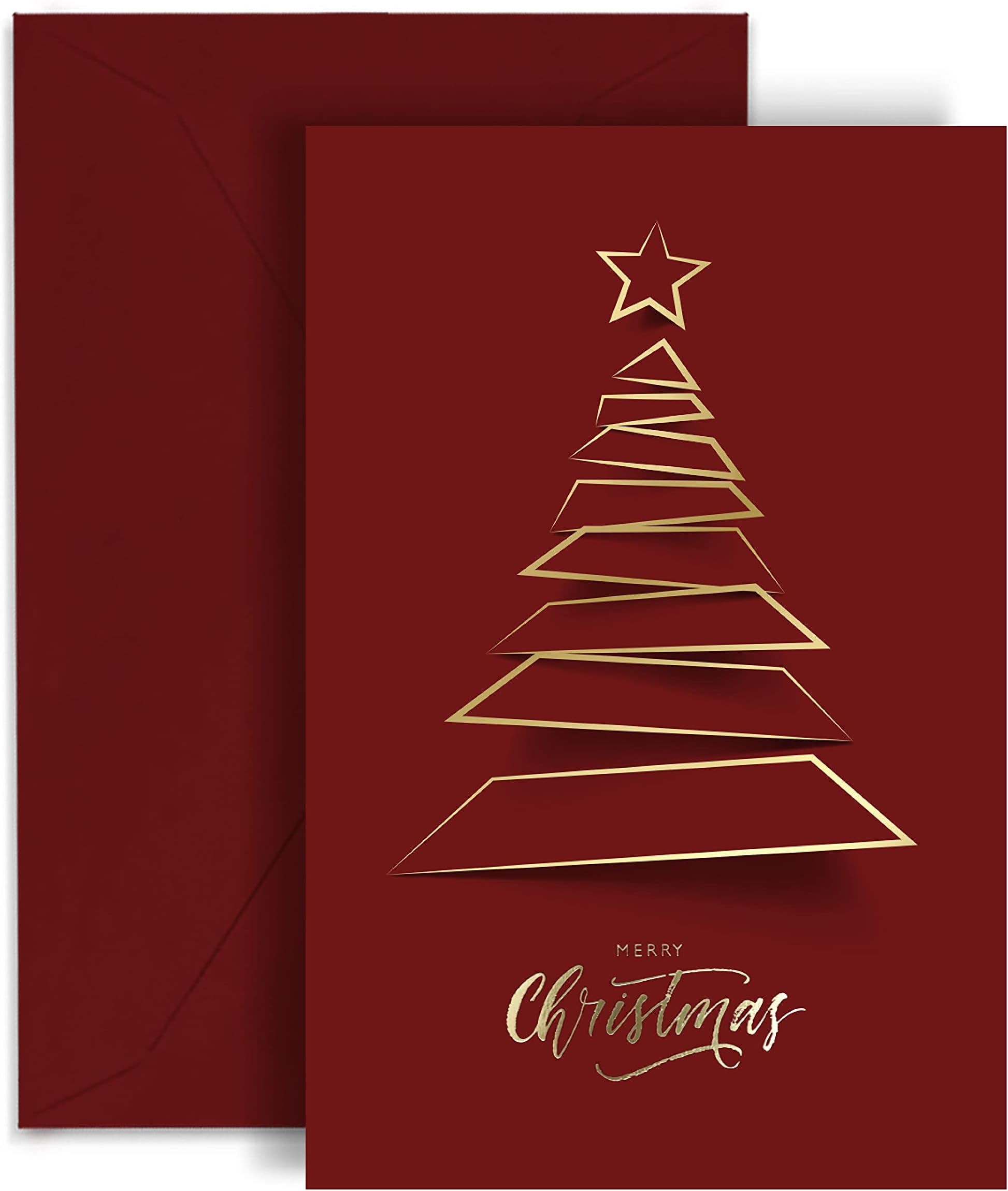 20 Christmas Greeting Cards with Gold Foiling Xmas Tree, 6.75 x 4.5 Size, Dark Red Self Paper with Red Envelope with Seal Stickers For Friends, Family and loved Ones