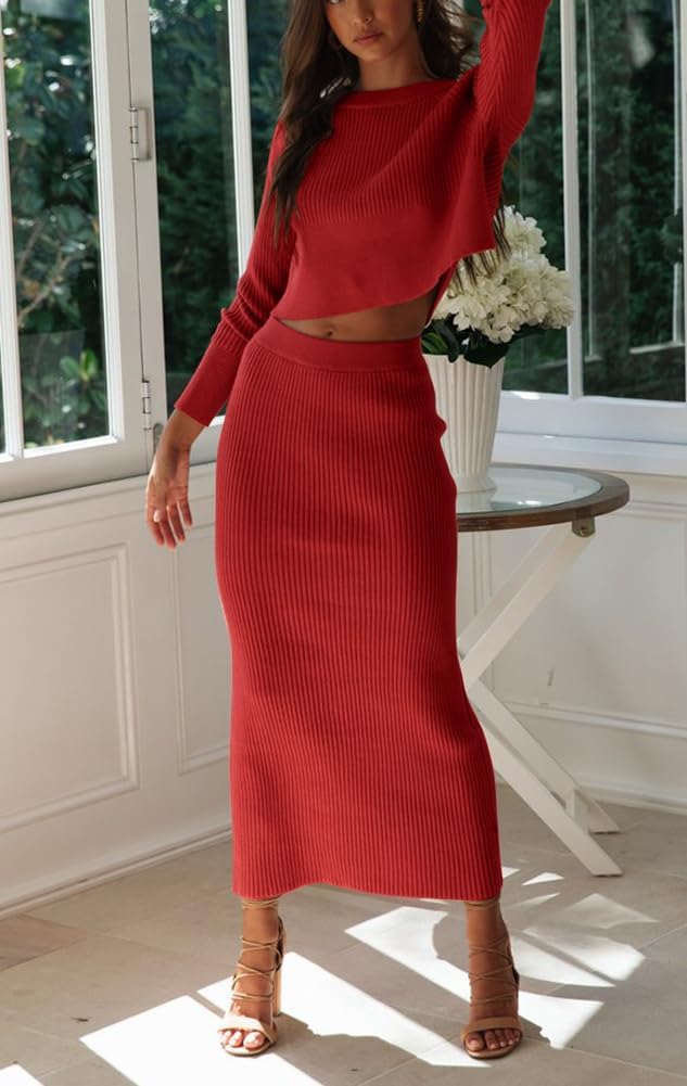 chouyatou Women's Ribbed Sweater Sets Crop Top and Maxi Bodycon Skirt Sets 2 Piece Outfits - Image 5