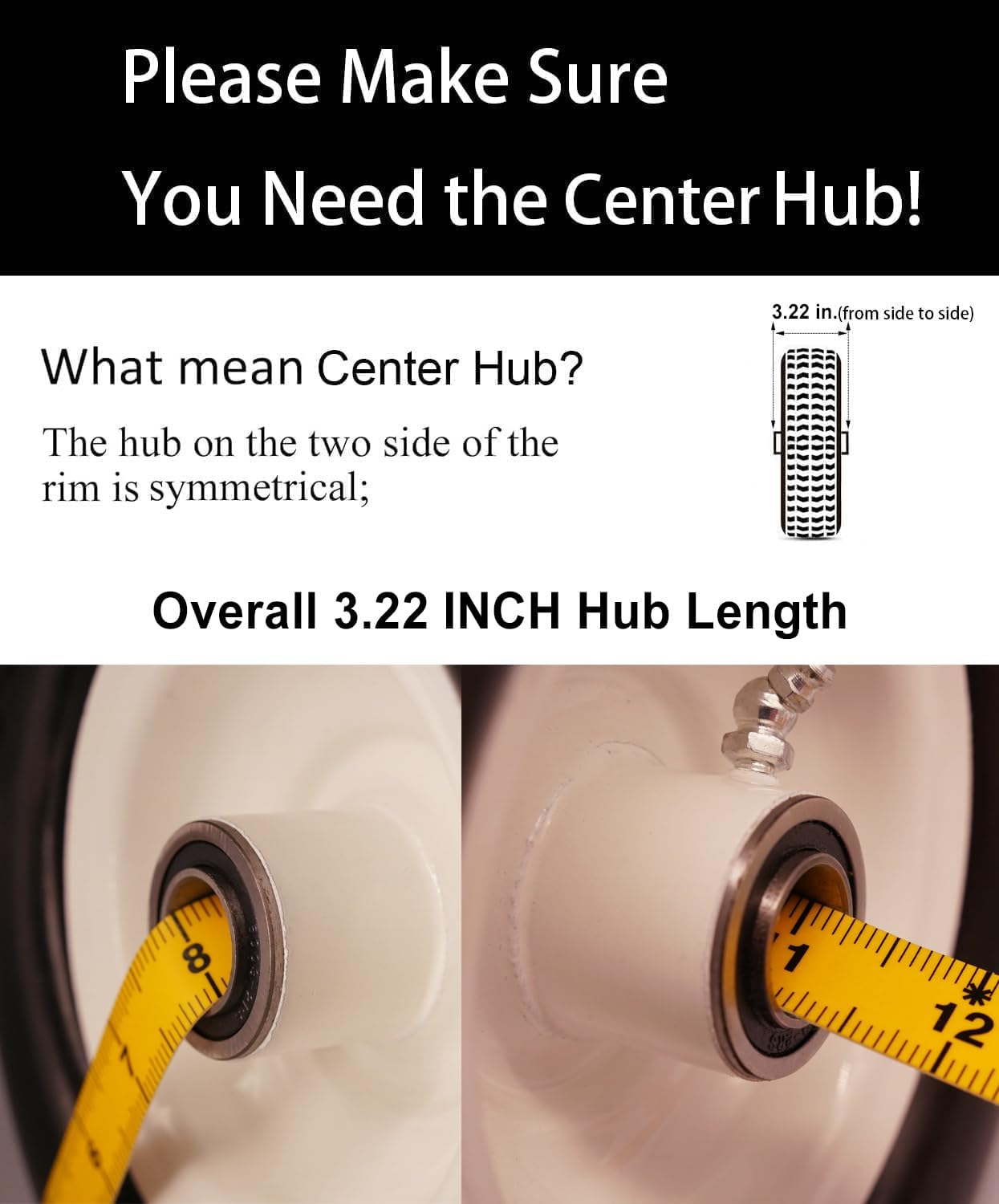 8x3.00-4 Flat Free Tire with 3/4 & 5/8 Bearings, 3.25-4.75” Center Hub Solid Wheel Replacement for Walk-Behind Mower, Flat Free Smooth Tire and Wheel Lawn Mowers & Garden, Set of 2