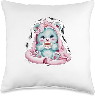 Cute Cozy Bear Drinking Tea Kids Mens Womens Boys Girls Throw Pillow