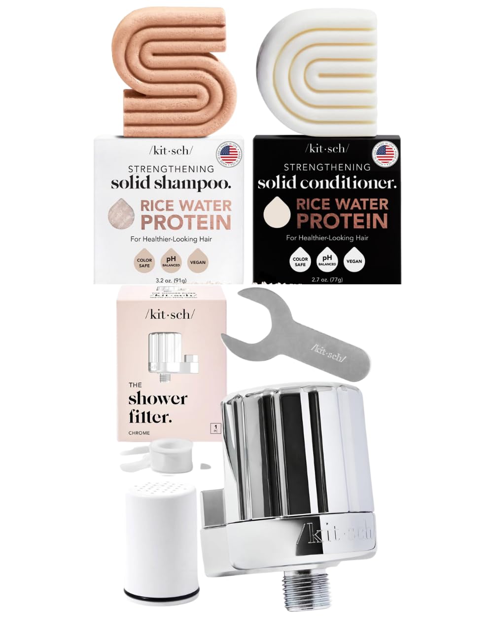 Kitsch Rice Bar Shampoo and Conditioner Combo and Shower Filter (Chrome) Bundle with Discount