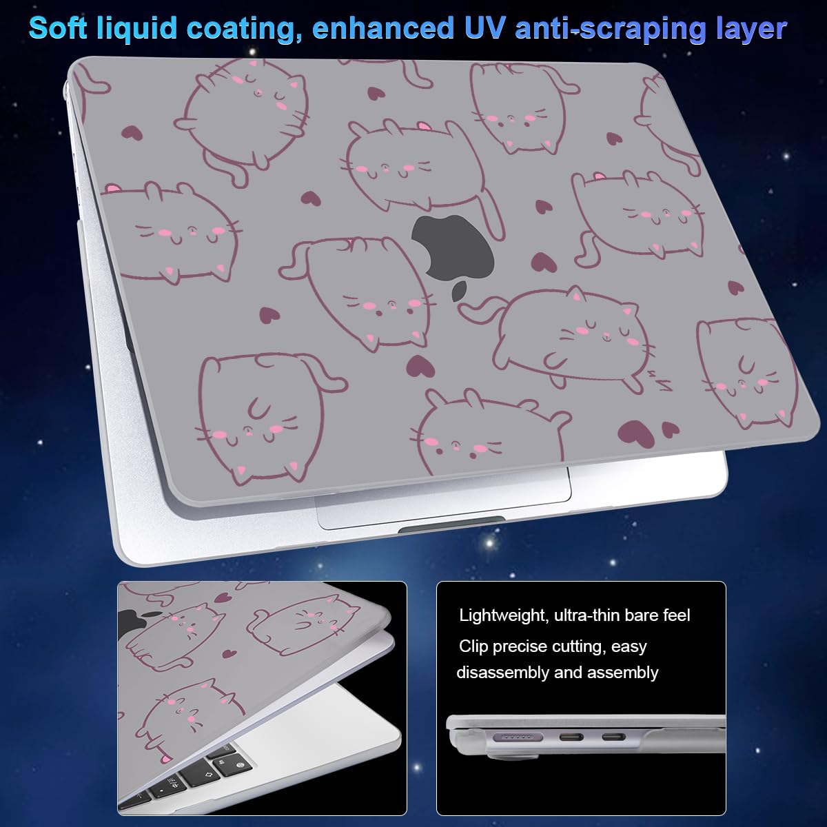 Compatible with MacBook Air 13.6 inch Case 2025 2024 2023 2022 Release M4 A3240 M3 A3113 M2 A2681, Ultra-Thin Anti-Fingerprint Gary Printed Pattern Plastic Hard Shell Cover, Cute Baby Cats
