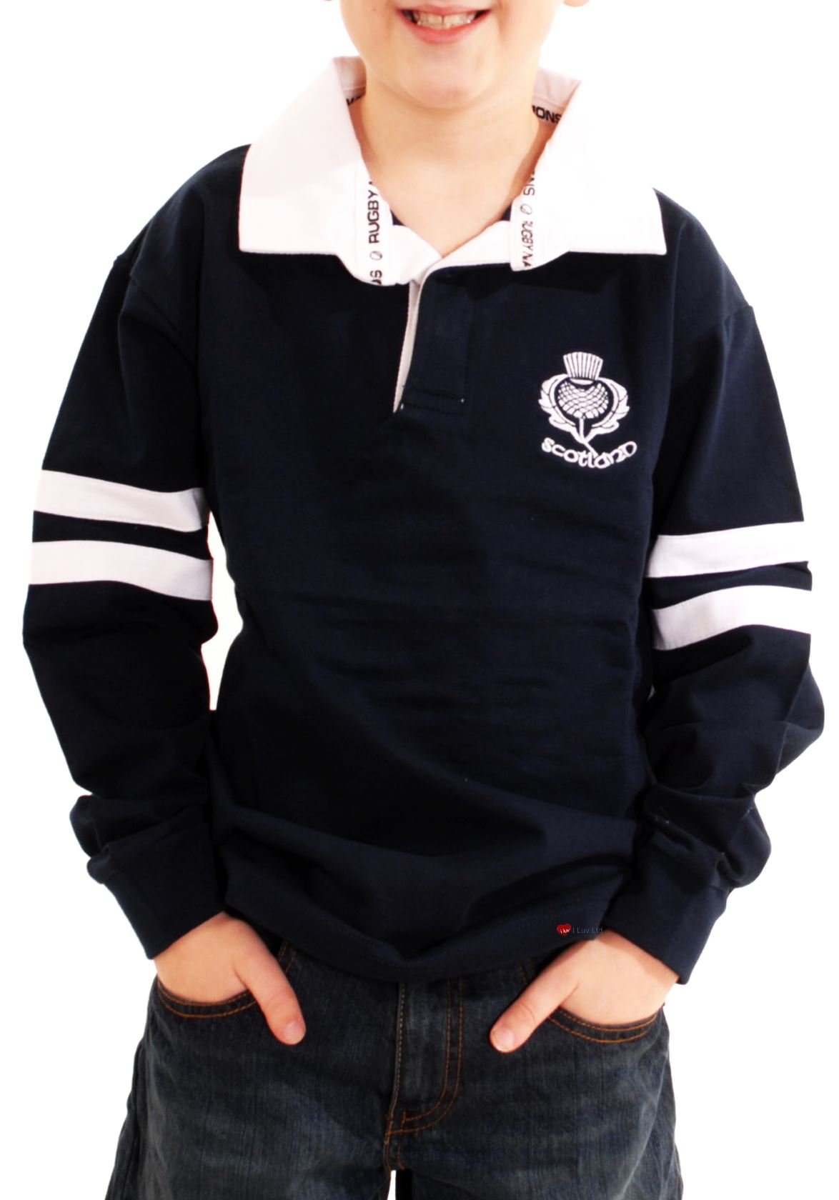 I LUV LTD Kids Scotland Cotton Rugby Shirt Navy 2 Stripe Long Sleeve Thistle Logo Size 5-6 Years