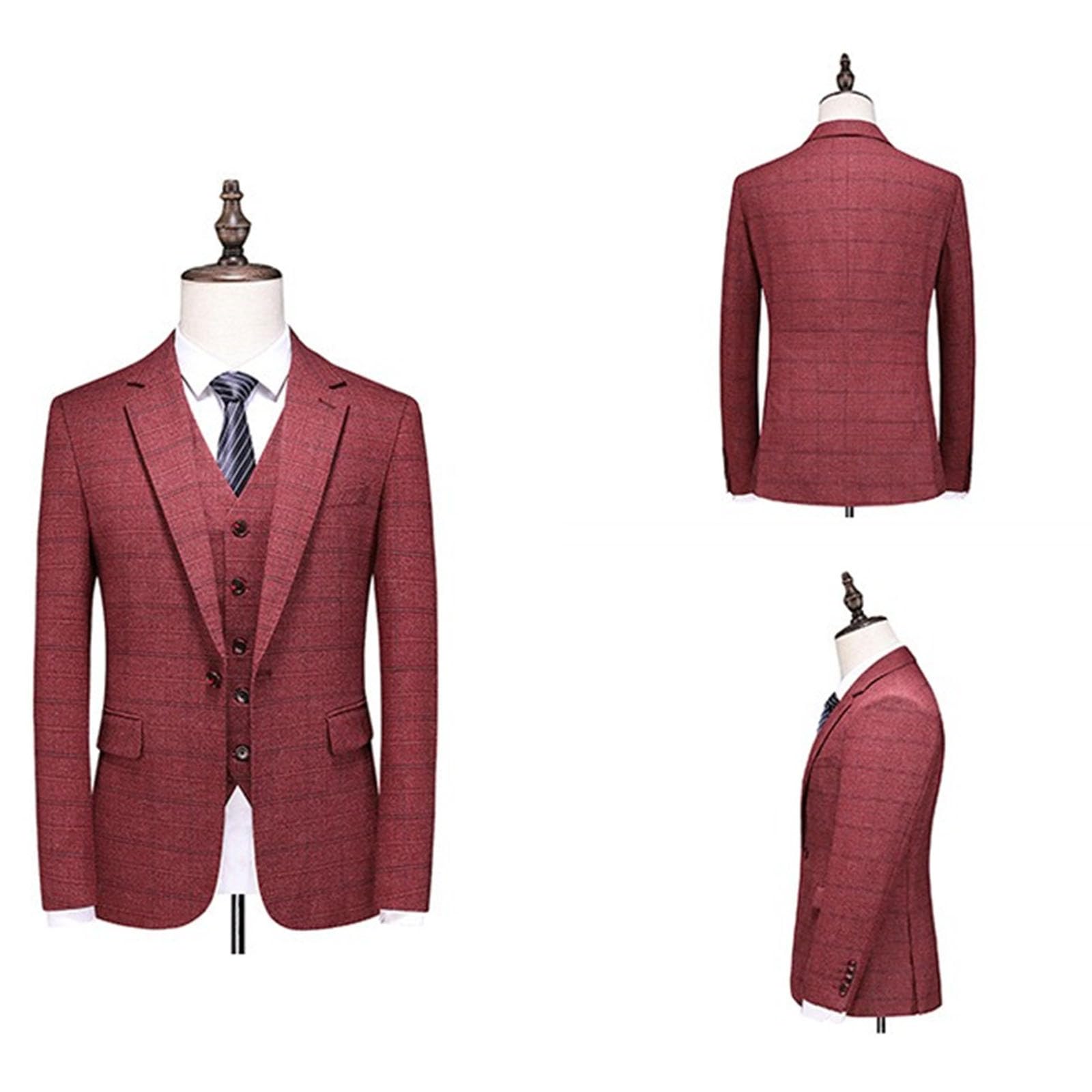 Completo da Uomo in Tweed gessato a 3 Pezzi, vestibilità Slim, con Un Bottone, Rosso, Taglia XL