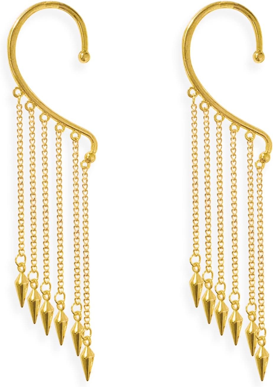Unique Trendy Multi Gold Silver Punk Long Tassel Chain Cone Bullet One Ear Cuff 316L Stainless Steel Barrel Nails Crawler Climer Dangle Drop Earring for Women Statement Jewelry Gifts
