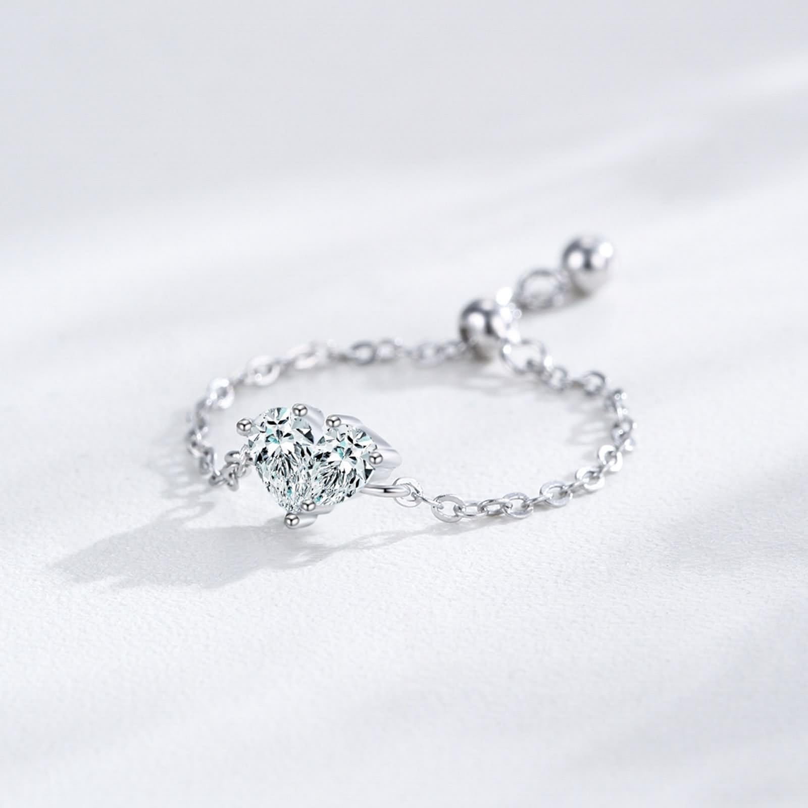 Zestaw pierścionków damskich, cienkie, regulowany łańcuszek w kształcie serca, moissanit 0,25 ct, krople wody, 14 K, białe złoto, rozmiar 50 (15,9)