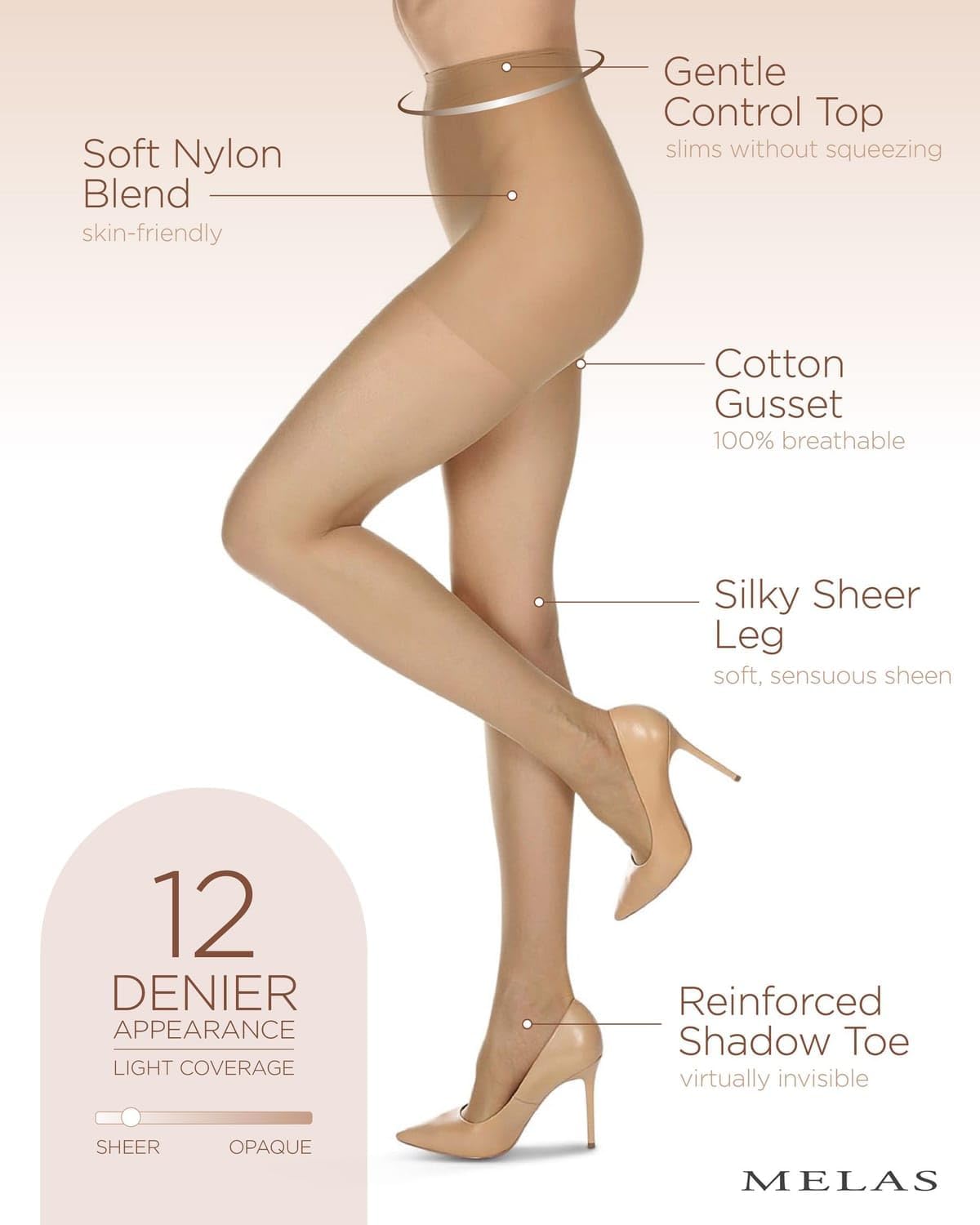 Melas 6 Pair Women's 12 Denier Crystal Sheer Control Top Pantyhose - Image 3