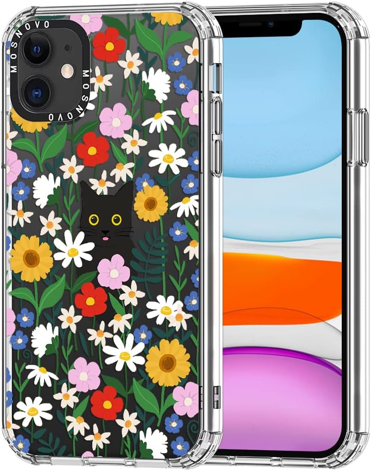 MOSNOVO Compatible with iPhone 11 Case, [Buffertech 6.6 ft Drop Impact] [Anti Peel Off Tech] Clear TPU Bumper Phone Case Cover with Cute Black Cat in Garden Designed for iPhone 11 6.1"