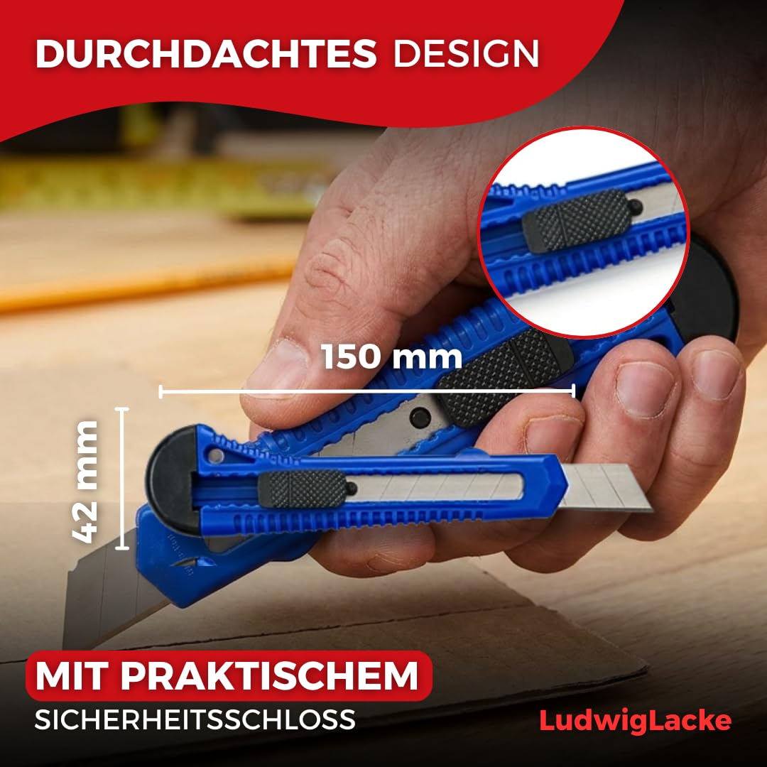 Ludwig Lacke® Cuttermesser Set [100 Stück 18 mm] – Teppichmesser [stabile Klinge 0,5 mm] – Cutter [ergonomisch rutschfest] mit Klingenvorschub Abbrechklinge Profi Messer
