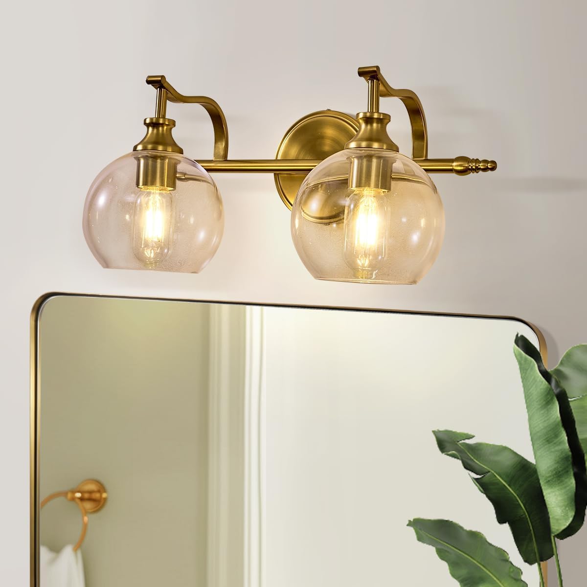 andy star 2 light bathroom vanity light, brushed gold bathroom light fixtures, wall lighting with clear globe glass shades, brass bathroom vanity light for mirror, living room, bedroom, hallway