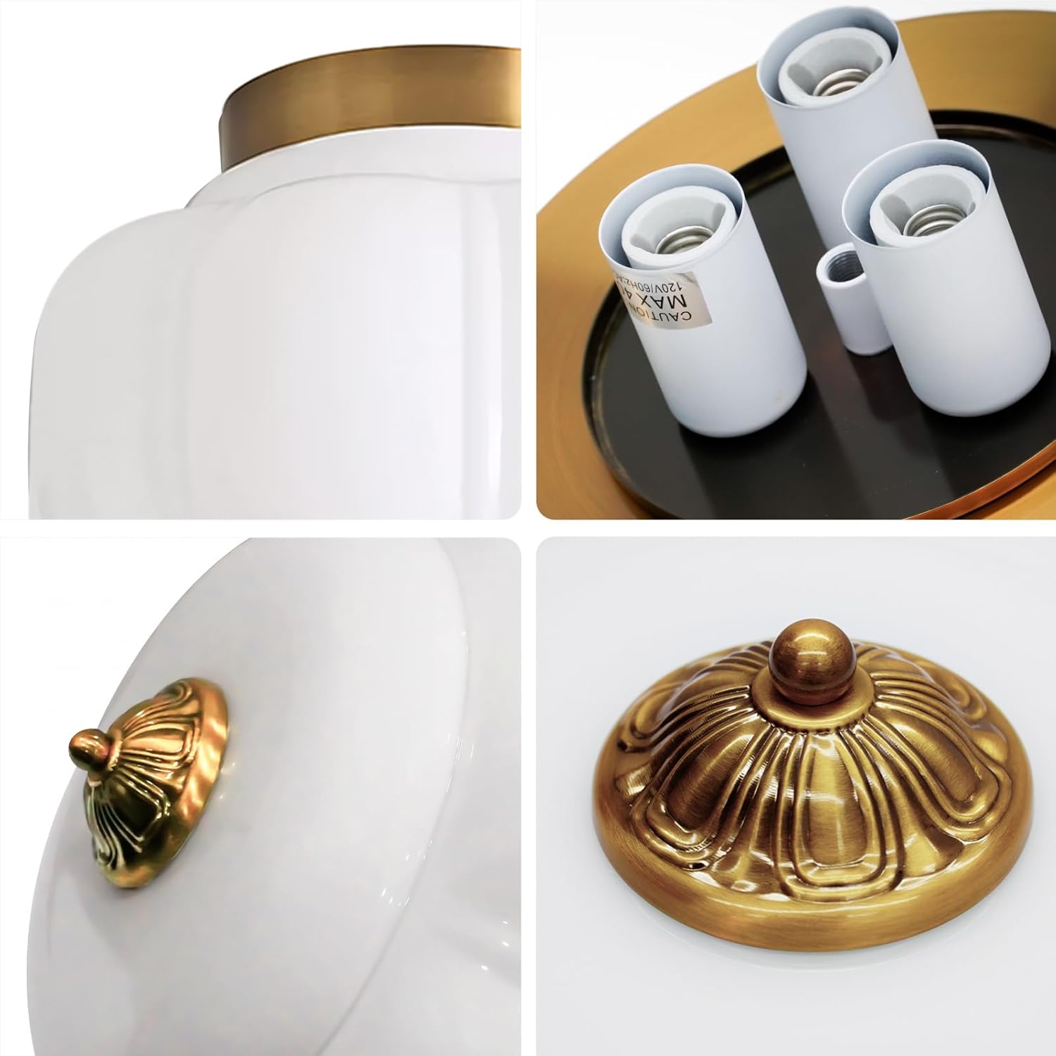 Vintage Ceiling Light - White Milk Glass & Brass Metal Base, Modern Farmhouse Ceiling Light Fixture for Dining Room, Living Room, Entryway Flush Mount Fixture(15" D X 11" H White)