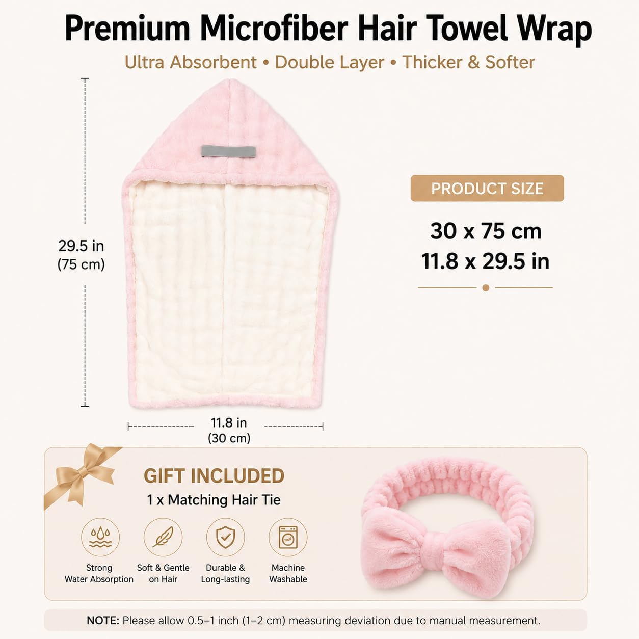Microfiber Hair Towel Thickened Double-Layer Hair Drying Towels for Women Soft Lightweight Quick Dry Turban for Curly Long Hair (Pink)