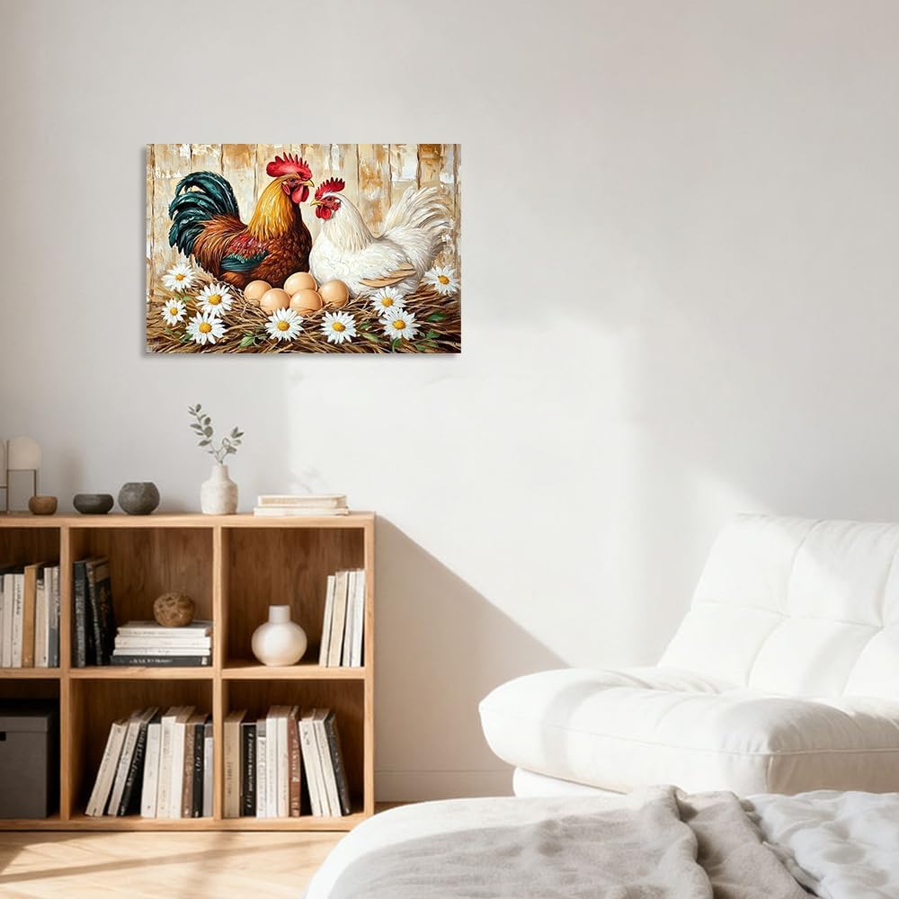 ANCROUTERY Farmhouse Chicken Pictures Wall Art Rooster Kitchen Decor Rooster Hen and Eggs Canvas Painting Rustic Farm Animal Poster for Home Wall Decor Framed 12"x18"