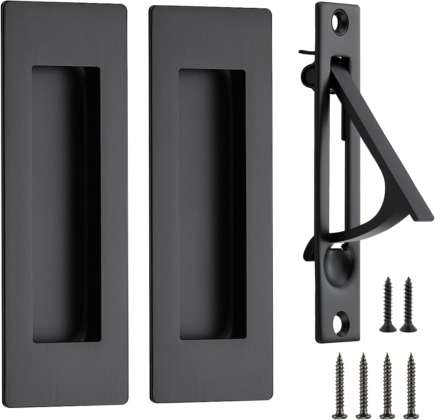 JOY DECOR 1 Set Pocket Door Hardware, 2 Pcs 4.72" Rectangular Handles + 1 Pc Finger Edge Pull, Black Flush Recessed Stainless Steel Hardware for Sliding Doors & Cabinets