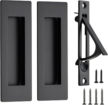 JOY DECOR 1 Set Pocket Door Hardware, 2 Pcs 4.72" Rectangular Handles + 1 Pc Finger Edge Pull, Black Flush Recessed Stainless Steel Hardware for Sliding Doors & Cabinets