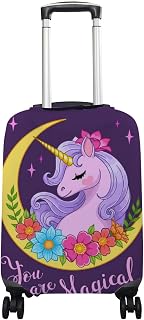 A capa de mala de bagagem serve para malas de 46-81 cm Lua crescente com cabeça de unicórnio e flores elástica antiarranhões protetor de viagem P-GG, Multicor, S(Fits 18-20in suitcases)