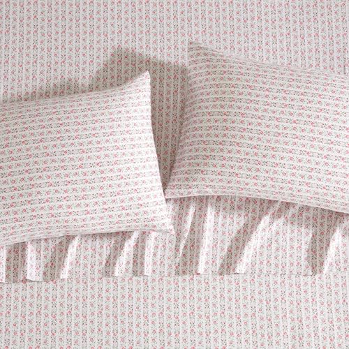 Image of Laura Ashley - King Sheet Set, Buttery-Soft Bed Sheets with a Naturally Silky Smooth Cotton Sateen Lightweight Feel - Matching Pillowcases & Fitted Sheet (Marta Stripe Pink)