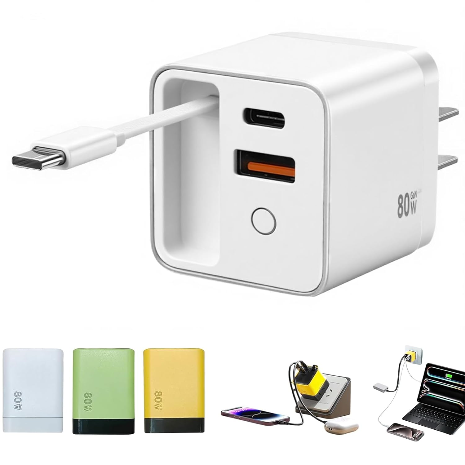 Retractable USB C Charger for iPhone 17 Scalable 80W Max Fast Charging Wall Plug 80W Retractable Phone Charger