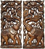 Asiana Home Decor Carved Wood Wall Panel- Elephant with Lotus Flower Design, Size 17.5”x7.5”x1 Each,