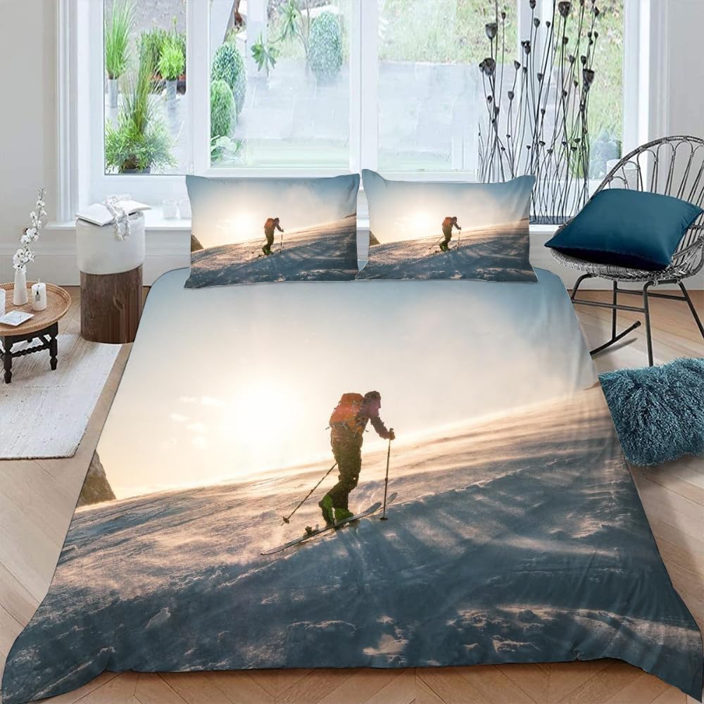 Housse Couette 1 Personne Ski 160x200 Parure Lit 3D Imprimée Microfibre Sports de Plein Air