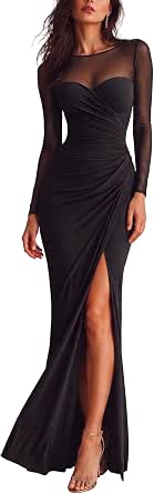 Women's Mesh Sheer Bodycon Maxi Long Sleeve Wedding Guest Dress