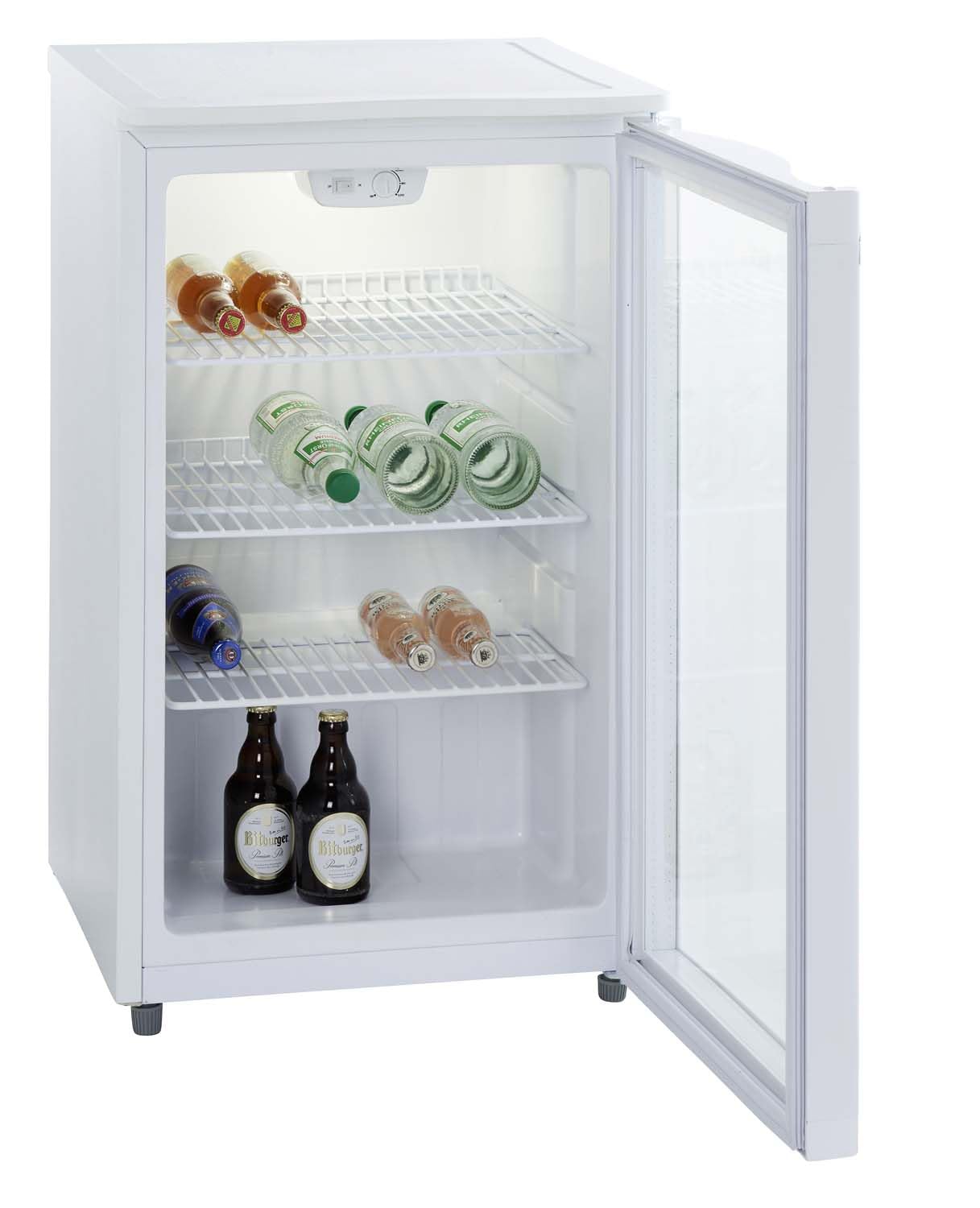 PKM GKS102 Glastür-Kühlschrank | Getränkekühlschrank | Flaschenkühlschrank | 102 Liter | 85 cm hoch | Wechselbarer Türanschlag | Höhenverstellbare Füße | 42 dB