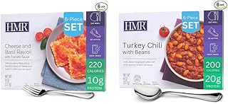 HMR Cheese & Basil Ravioli and Turkey Chili with Beans Entrées | Ready-to-Eat Meals | High Protein | Low Calorie | Vegetarian & Meat Options | 8oz Servings | Pre-Packaged Lunch or Dinner | Pack of 6 E