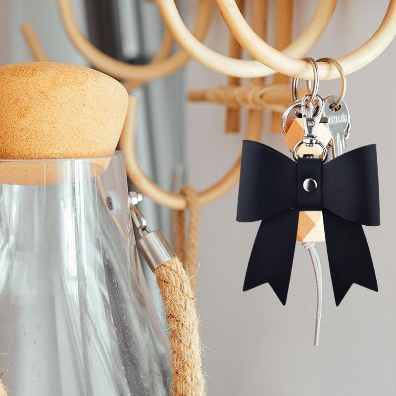 yaozeio Leather Bow Keychain Accessories for Women Girls Bag Purse Charm Pink Black Bow Charm Leather Bow Keyring for Bag - Image 4