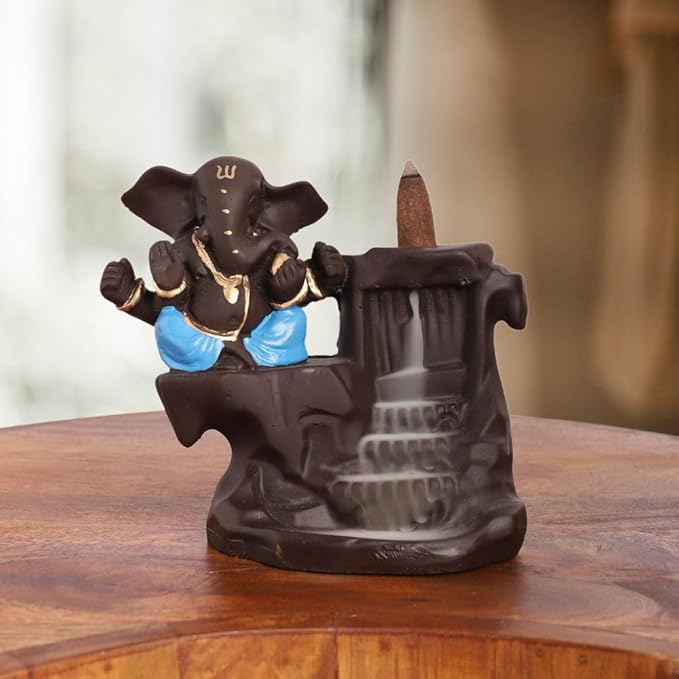 INTERNATIONAL GIFT Multicolor Ganesha Idol Waterfall Statue with 8 Incense Smoke Back Flow Fountain Cone Incense Holder | for Car Dashboard, Home Decorative Item