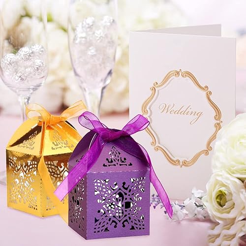 Miniatura 6 de Surakey 50 cajas cortadas con láser, cajas de regalo de agradecimiento, cajas de regalo de encaje para dulces, caja de regalo plegable con cintas
