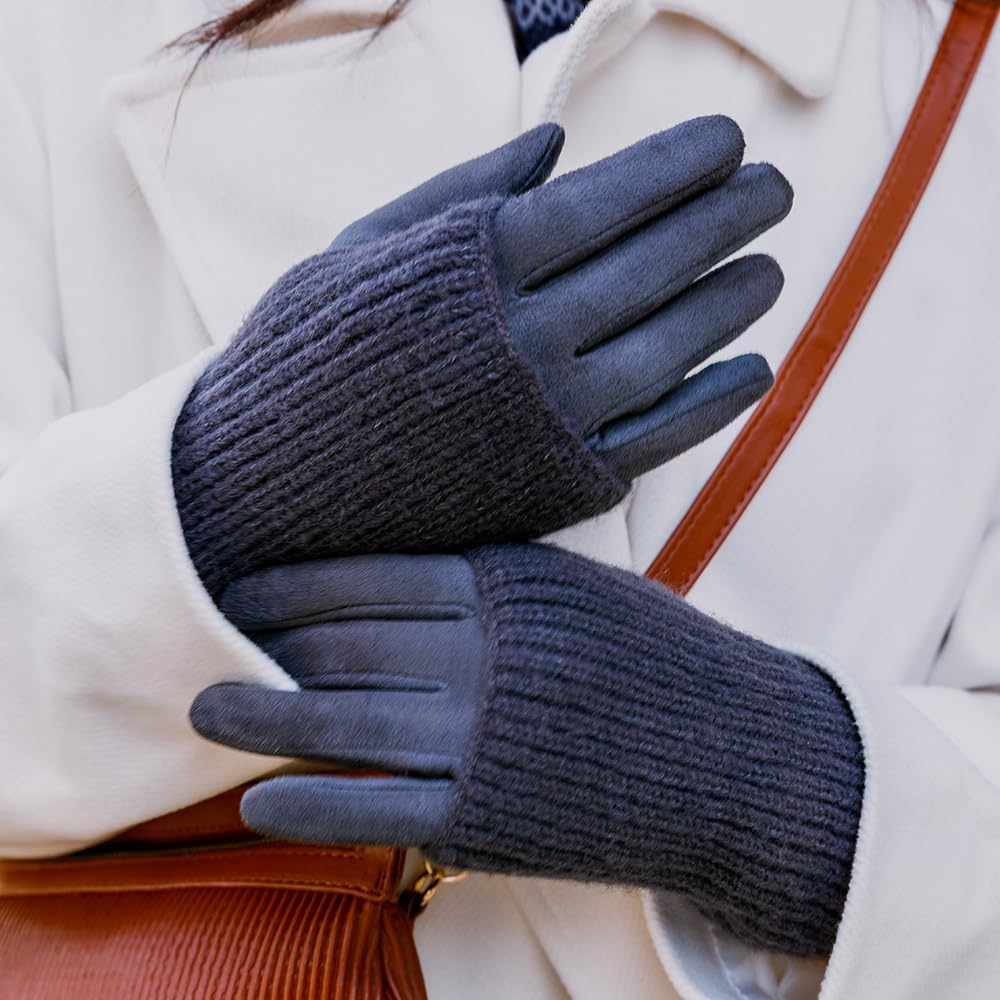 2-in-1 Faux Suede Gloves with Ribbed Knit Wrist Warmers, Dark gray