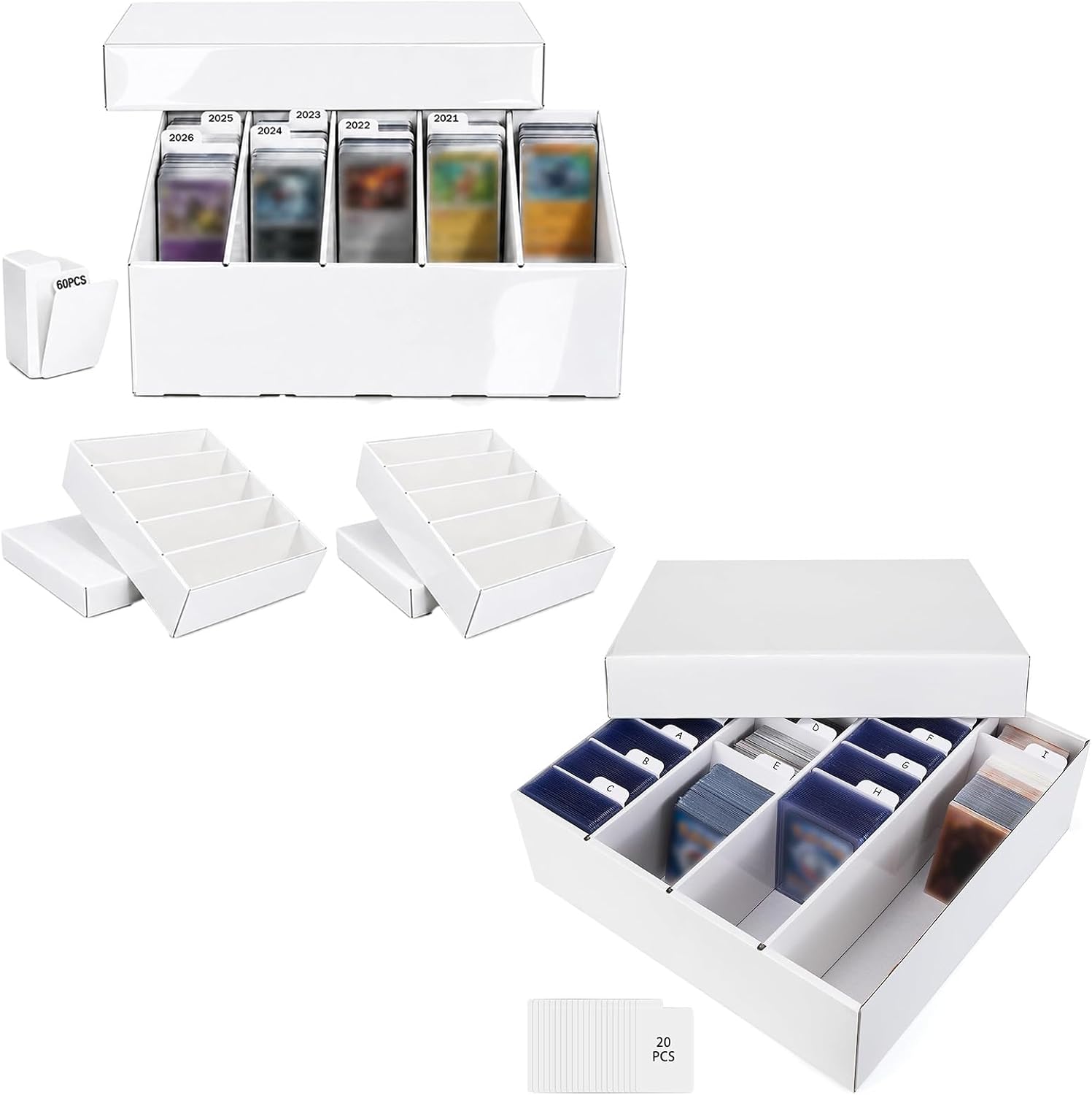 4 Row Top Loader Storage Box with Divider (1-Pack)+3 Pack 5 Row TCG Bulk Card Storage Box with Dividers for Sports Cards and Trading Cards