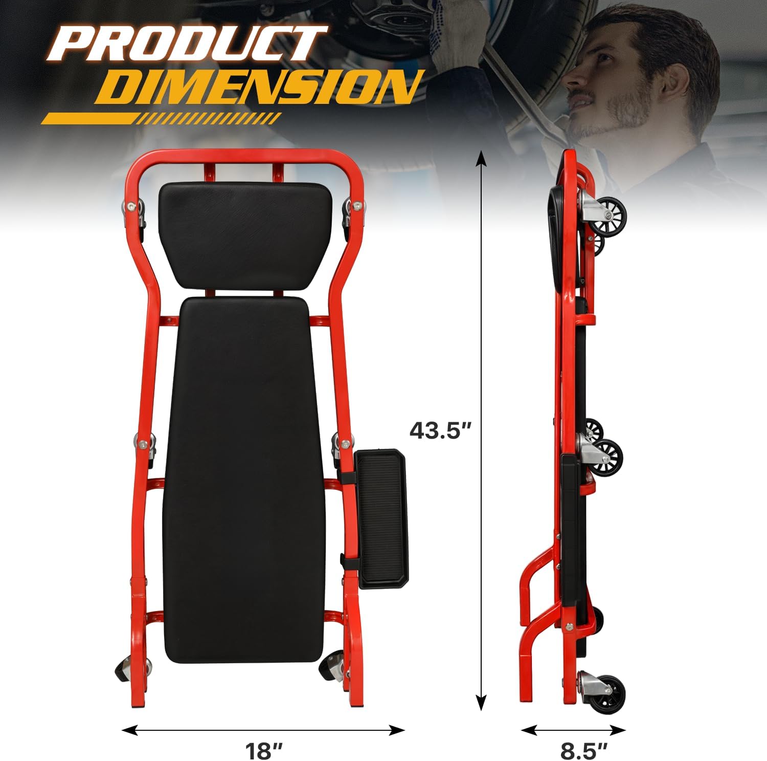 Magshion Mechanic Creeper Garage Automotive Floor Low Profile Roller Mechanics Tools, 44" 6 Caster Creeper with Adjustable Cushioned Headrest - 300 lbs Capacity (Red)