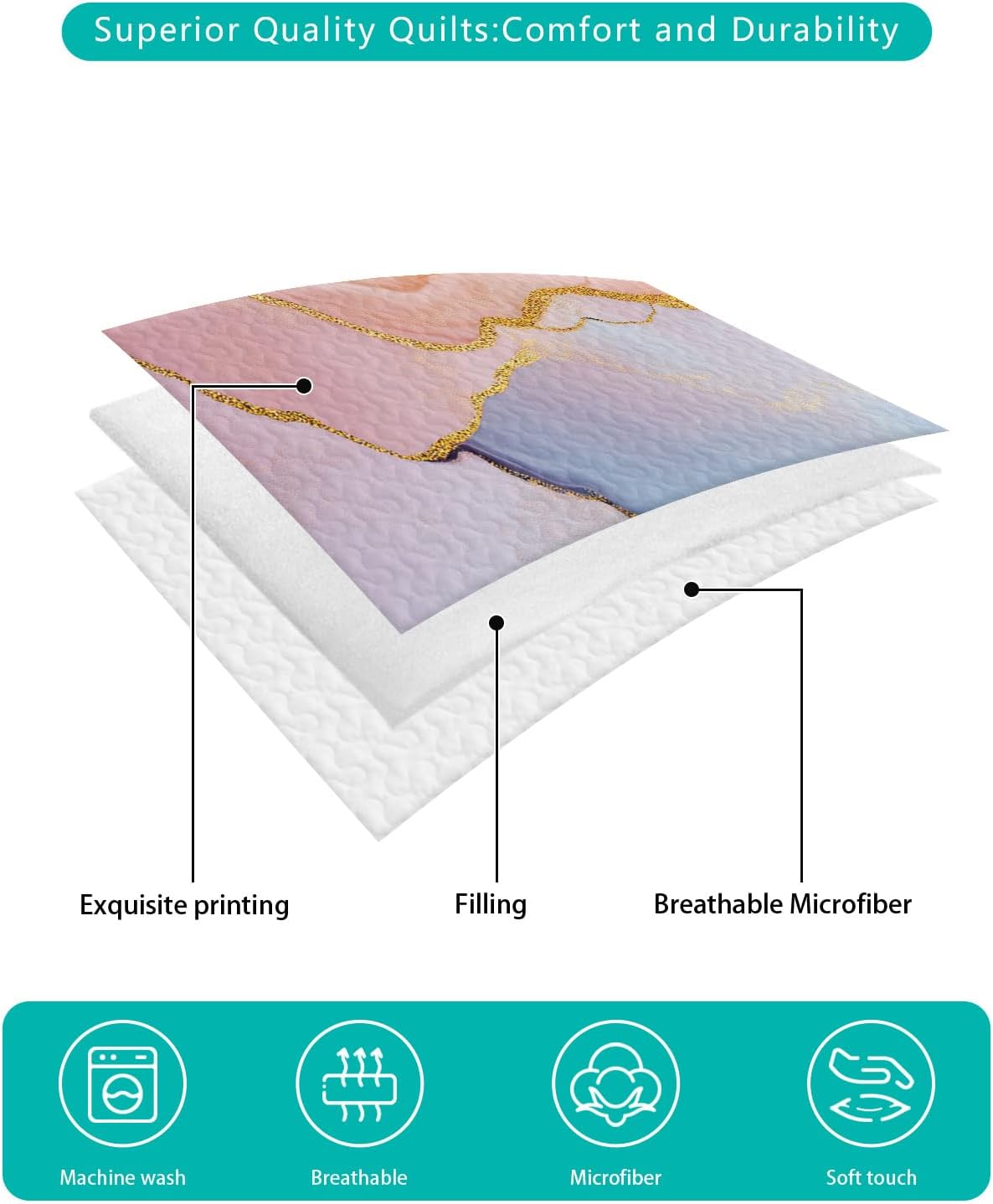 Queen Size Quilt Set, Geometric Golden Wave Line Lightweight Bedspread Coverlet Set Soft Microfiber Summer Quilt with 2 Pillow Shams, Abstract Pink Blue Art 3 Piece Comforter Bedding Set