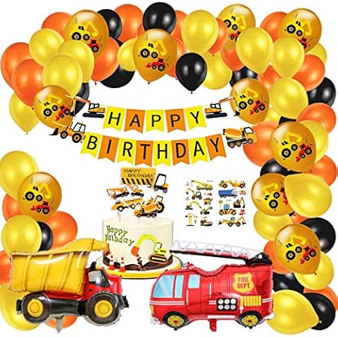 Digger Birthday Decoration Boys, Construction Site Children's Birthday Decoration, Happy Birthday Banner, Construction Vehicle Fire Car Foil Balloons, Cake Decoration and Tattoo for Party Decoration Cover