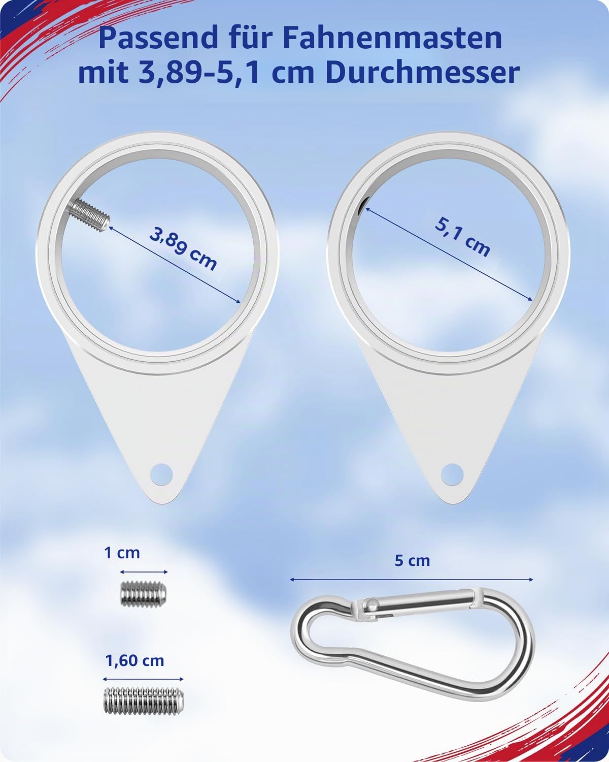 Loretoy Fahnenmastringe aus Aluminiumlegierung, um 360 Grad drehbarer Fahnenmast-Befestigungsringe, drehbarer Fahnenmast-Set mit Karabiner für Fahnenmast mit 3,8 - 5,1 cm Durchmesser, 2 Stück