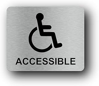 Wheelchair Accessible, Disability, Handicap, Disabled Sign. Silver Adhesive Sticker Notice. Metallic Silver Engraved Black with Universal Icon Symbol and Text (Small Size: 5 inches x 4 inches)