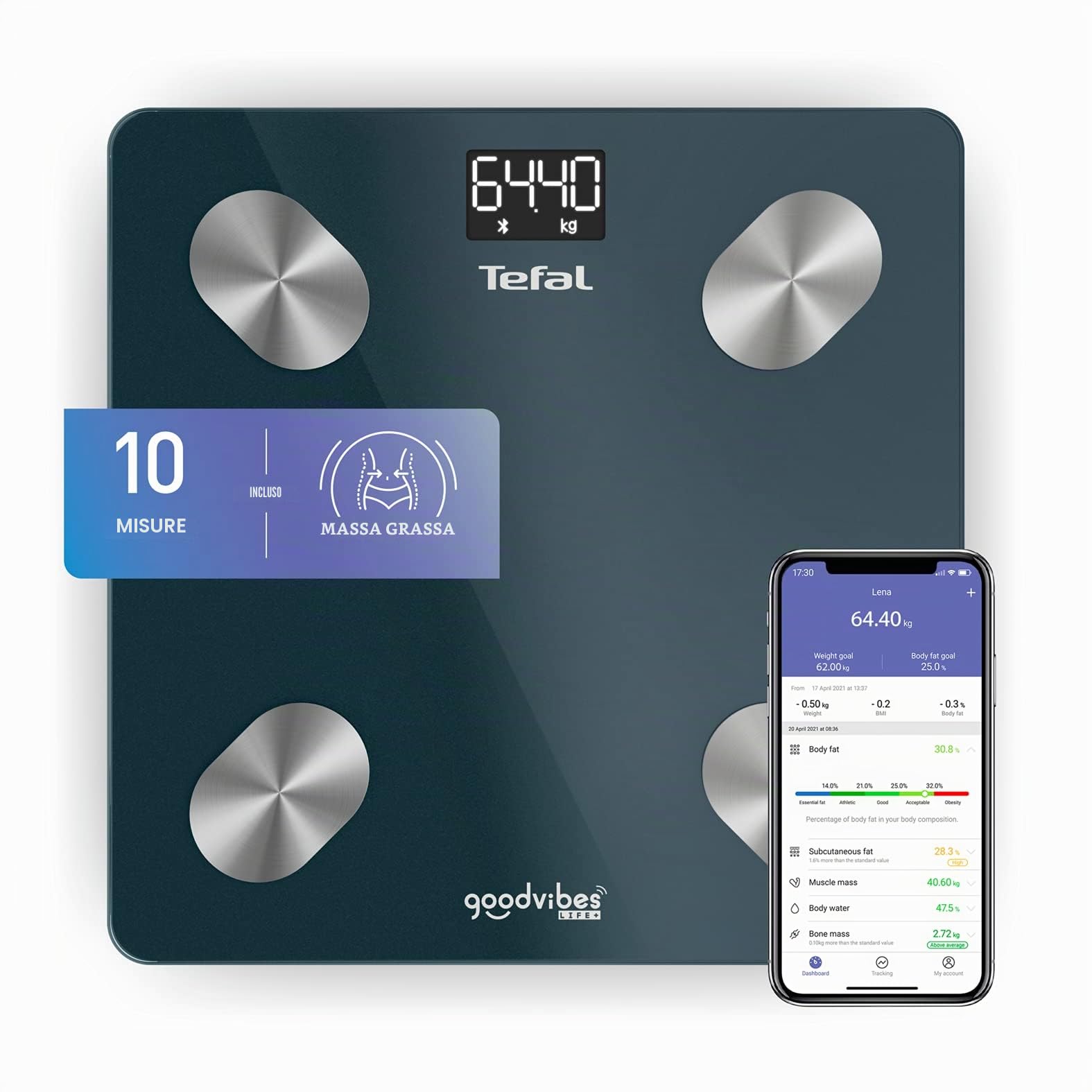 Tefal Bilancia connessa, 10 indicatori del corpo, Applicazione connessa, Uso semplice, Numero illimitato di utenti, Capacità 180 kg, Graduation 100 g, Goodvibes Life+ BM9620S1