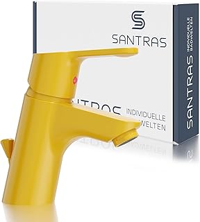SANTRAS® Grifo de lavabo para el baño con desagüe excéntrico y barra de tracción en color amarillo – Grifo mezclador de una sola palanca caliente y frío para un agujero grifo de lavabo fabricado en