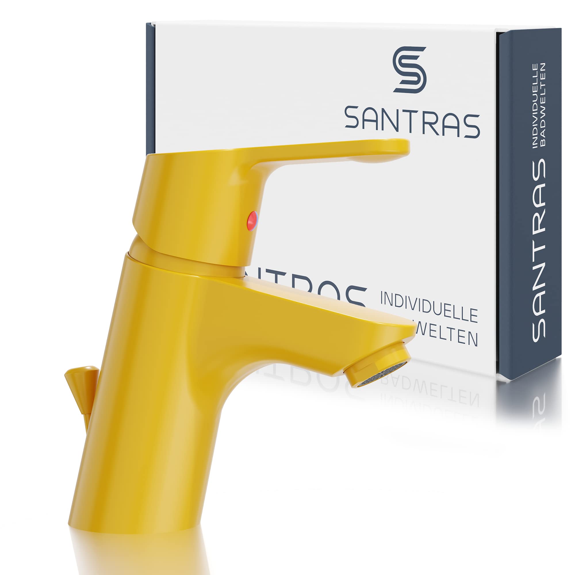 SANTRAS® Bateria umywalkowa do łazienki z wyciągiem w kolorze żółtym – jednouchwytowa bateria mieszająca ciepła zimna do jednego otworu, umywalka kran, Made in Germany