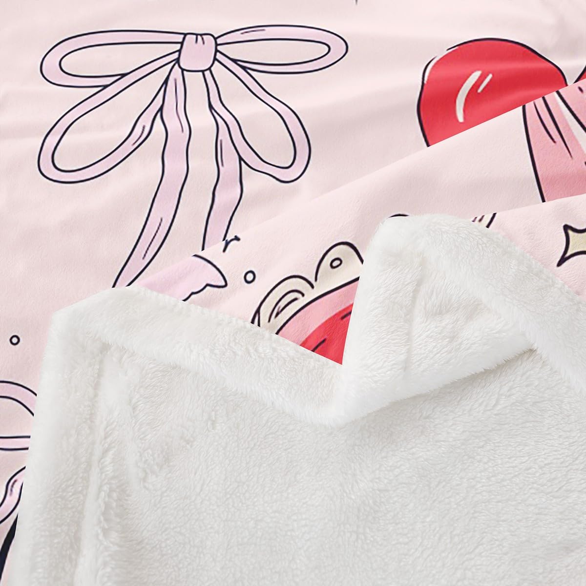 Pink Hearts & Cherry Sherpa Fleece Blanket: Cozy Plush Throw  Deco Cherry Heart Print Plush Throw Blanket display picture 1
