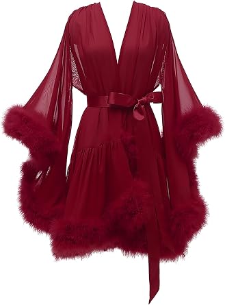 Yexinbridal Feather Fur Bridal Sheer Robe Chiffon Lingerie Nightgown Bathrobe Sleepwear Long Sleeve Wedding Scarf