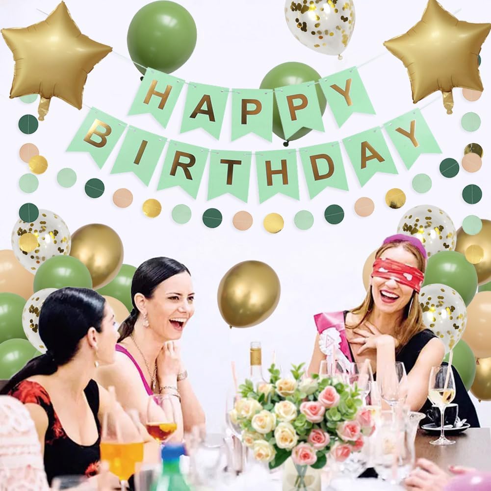 Sage Green Birthday Party Decorations Set - Happy Birthday Banner, Circle Dots Garland, Foil Stars & Balloons for Women's/Girls' Party Decor image 4