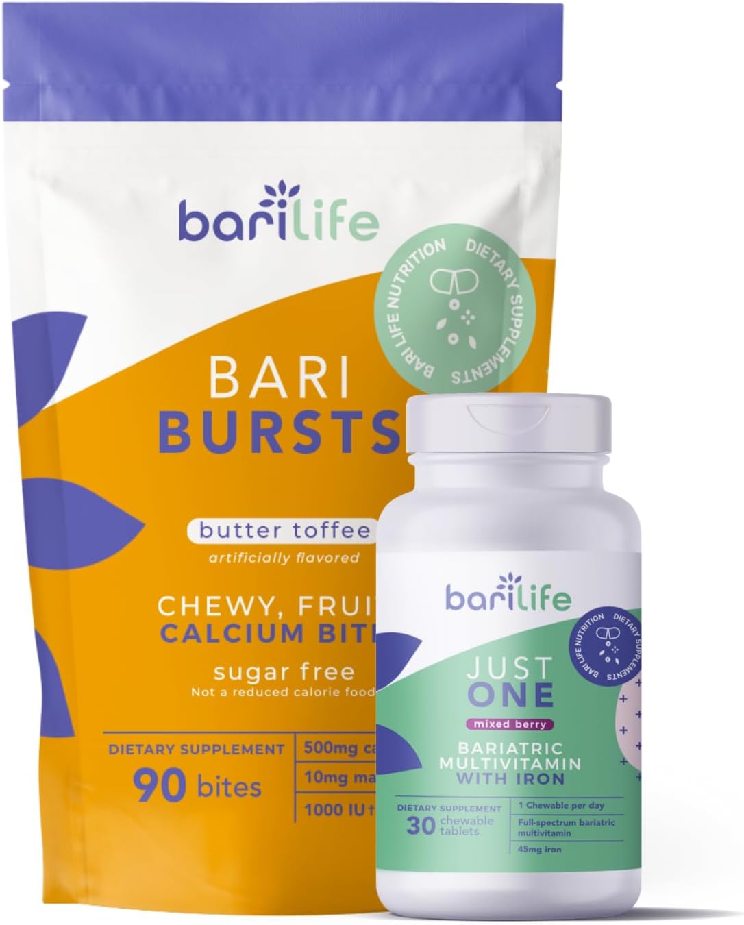 Bari Life Just One Chewable: Once Daily Bariatric Multivitamin + Iron and and BariBurst Calcium Citrate Soft Chews for Gastric Bypass, Gastric Sleeve and Duodenal Switch (Butter Toffee)