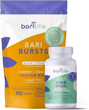 Bari Life Just One Chewable Once Daily Bariatric Multivitamin + Iron and and BariBurst Calcium Citrate Soft Chews for Gastric Bypass, Gastric Sleeve and Duodenal Switch Butter Toffee