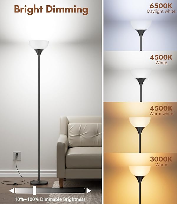 luckystyle Torchiere Floor Lamp,1200LM Dimmable Standing Lamps with Remote and Foot Switch,Custom Color Temperature Super Bright Tall Lamp for Living Room Bedroom Office,Floor Light with 12W LED Bulb by luckystyle - Image 3